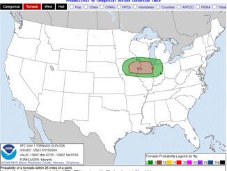 Storm Prediction Center Tornado Outlook July 15, 2024 issued 5:20 a.m. CDT indicating a 5% chance of a tornado within 25 miles of any point in the red zone (NOAA National Weather Service Storm Prediction Center)