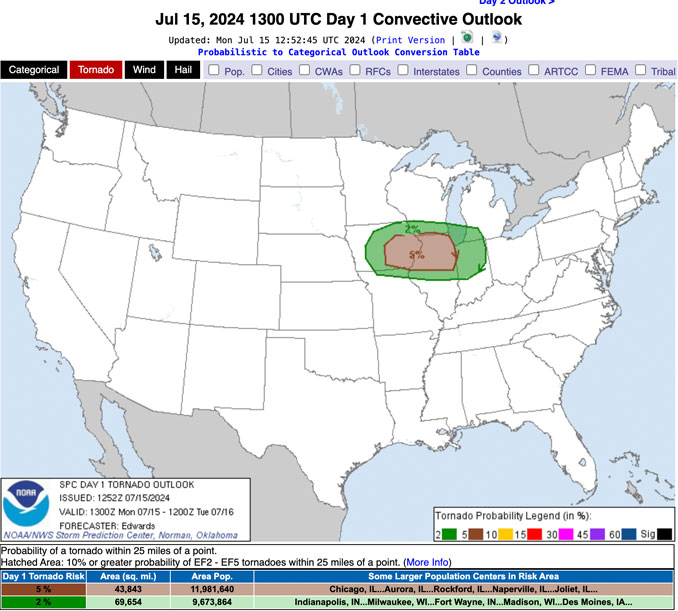 Storm Prediction Center Tornado Outlook July 15, 2024 issued 5:20 a.m. CDT indicating a 5% chance of a tornado within 25 miles of any point in the red zone (NOAA National Weather Service Storm Prediction Center)