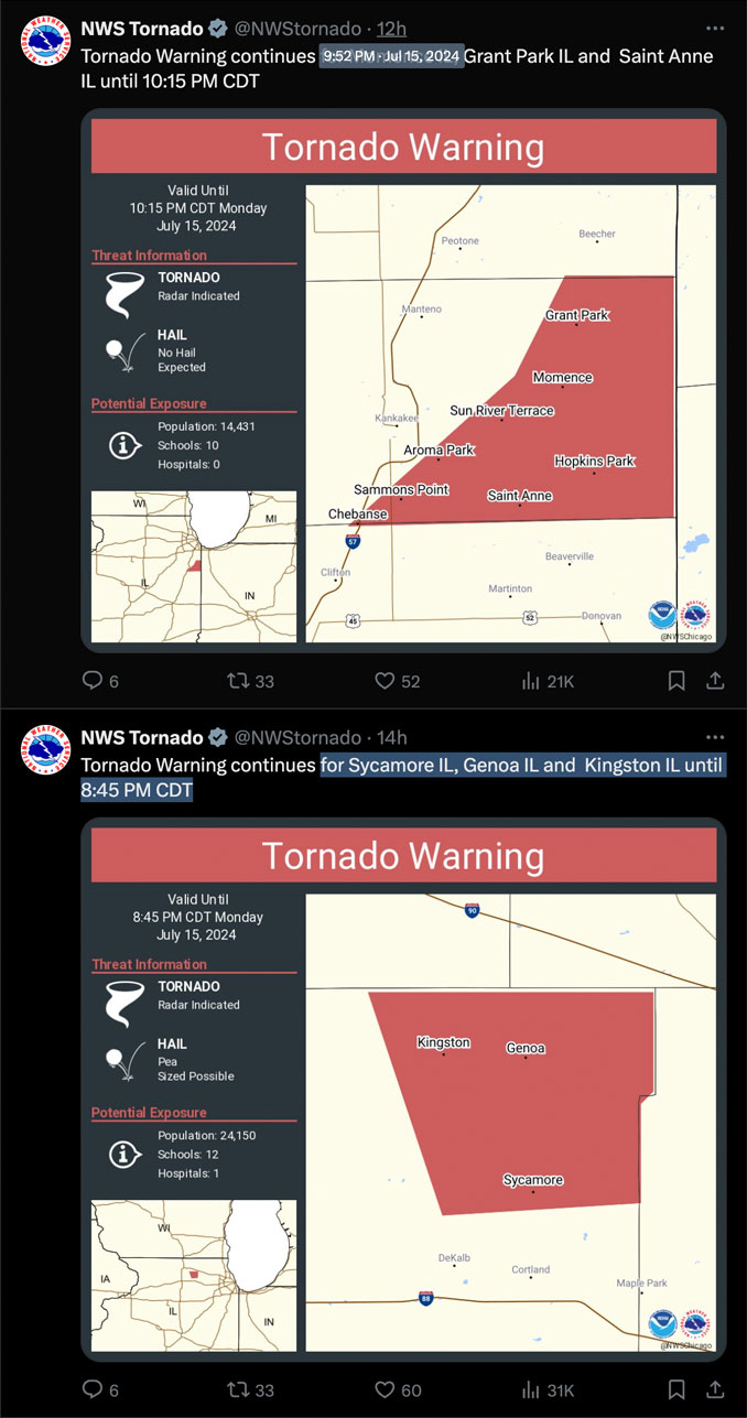 Tornado Warning gap Monday, July 15, 2024 when a 9:16 p.m. tornado warning did not appear between tornado warnings at 8:33 p.m. and 9:52 p.m. (CARDINAL NEWS/SOUCE: @NWStornado / X)