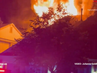 Suspected illegal July 4th fireworks-related townhouse fire with flames 25 feet above the roof in the block of 300 Goshawk Lane in unincorporated Deerfield, around 2:00 a.m. Friday, July 5, 2024 (SOURCE: Cardinal News with early fire video provided by Julianna Goldberg)
