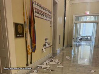 Vandalism at Congressman Brad Schneider's Capitol office in Washington D. C. with posters of Israeli October 7, 2024 attack victims strewn on the floor (SOURCE: Congressman Brad Schneider)