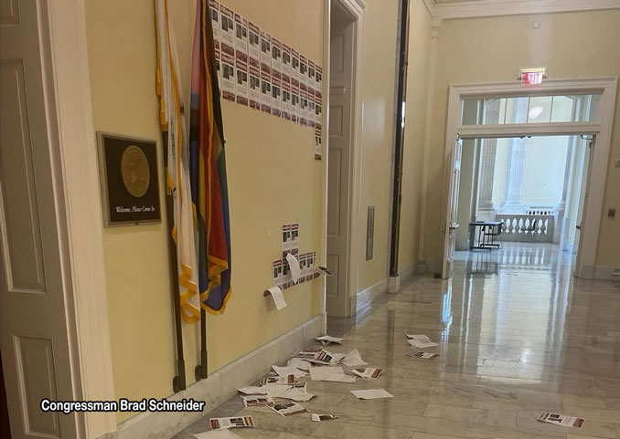 Vandalism at Congressman Brad Schneider's Capitol office in Washington D. C. with posters of Israeli October 7, 2024 attack victims strewn on the floor (SOURCE: Congressman Brad Schneider)