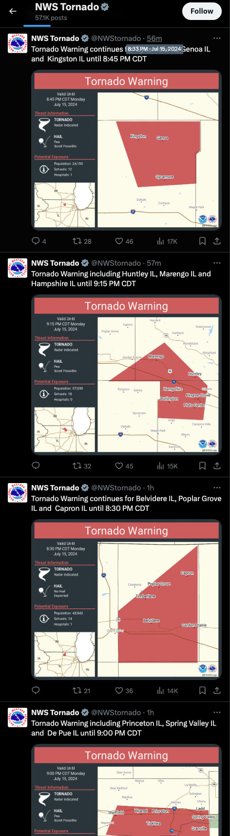 This X.com timeline for the official NWS Tornado notification account did not list any of the Tornado Warnings after 8:33 p.m., and this @NWSTornado timeline screen capture was at around 11:00 p.m. CDT Monday, July 15, 2024 (CARDINAL NEWS/@NWSTornado)