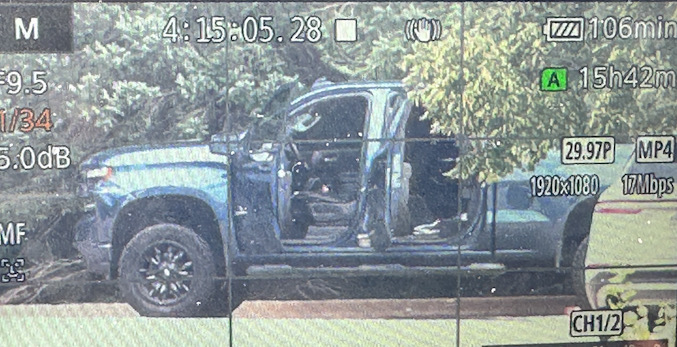 The blue Chevrolet pickup truck that two subjects were traveling in when they crashed at Northwest Highway and Pepper Road in Barrington and fled to the Swiss Automation parking lot in their vehicle and then fled on foot (CARDINAL NEWS)