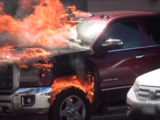 A GMC Sierra pickup truck burns on Labor Day weekend, Saturday, August 31, 2024 in Arlington Heights, Illinois (CARDINAL NEWS)