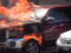 A GMC Sierra pickup truck burns on Labor Day weekend, Saturday, August 31, 2024 in Arlington Heights, Illinois (CARDINAL NEWS)