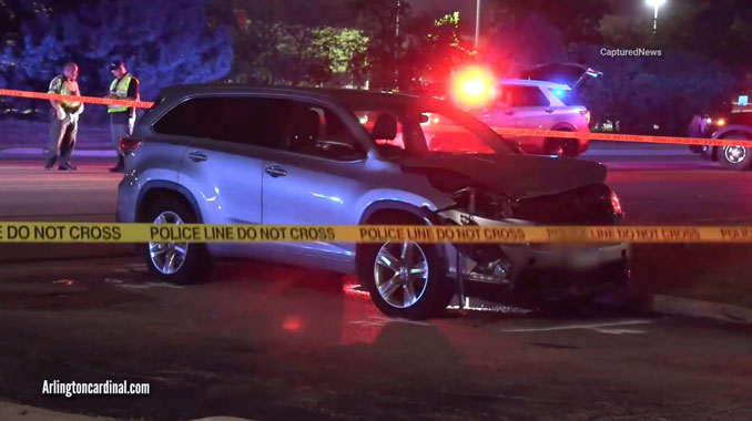 Damaged crossover SUV after a man was struck and killed on Elmhurst Road north of Dempster Street in Des Plaines near Mount Prospect on Thursday night, August 15, 2024 (CARDINAL NEWS)