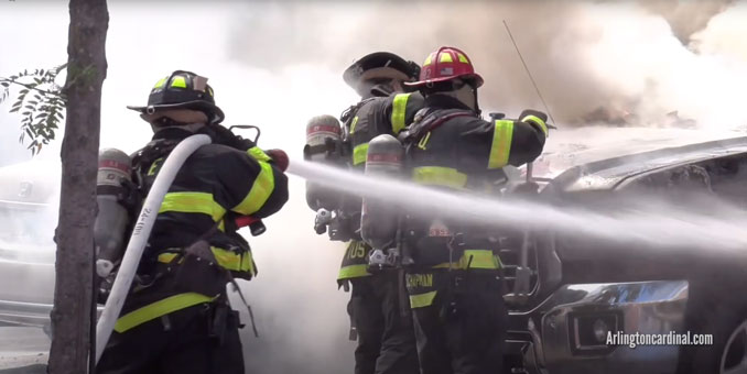 Extinguishing pickup truck fire in downtown Arlington Heights on Labor Day weekend, Saturday, August 31, 2024 (CARDINAL NEWS)