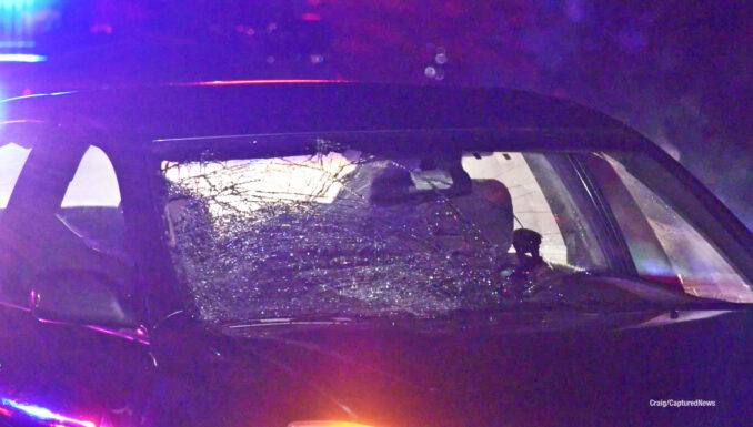 Windshield shattered on an older model Toyota Camry after a fatal crash with a pedestrian on Wednesday night, August 7, 2024 in Wauconda (Craig/CapturedNews)