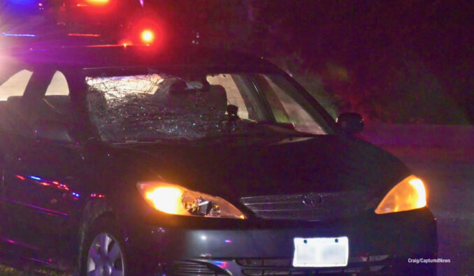 Windshield shattered on an older model Toyota Camry after a fatal crash with a pedestrian on Wednesday night, August 7, 2024 in Wauconda (Craig/CapturedNews)