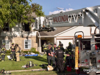 Wauconda Tower Ladder at the scene of a townhouse fire on Wethington Drive in Wauconda on Monday, August 12, 2024 (Craig/CapturedNews)