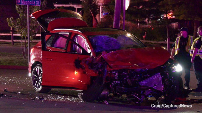 Severe front-end damage to a red passenger vehicle on Lake Avenue near Magnolia Street in Glenview, Illinois (Craig/CapturedNews)