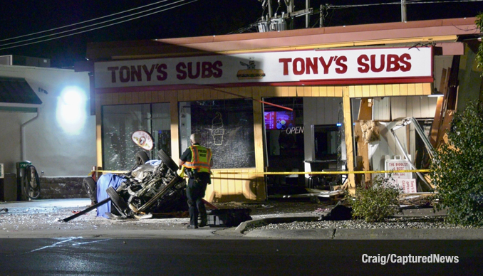 Fatal rollover crash in Tony's Sub building on Waukegan Road in Deerfield around 2:30 a.m. Saturday, August 31, 2024 (CARDINAL NEWS)