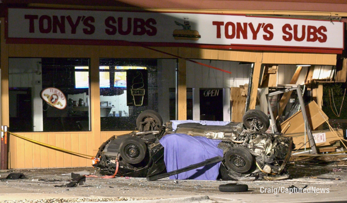 Fatal rollover crash in Tony's Sub building on Waukegan Road in Deerfield around 2:30 a.m. Saturday, August 31, 2024 (CARDINAL NEWS)