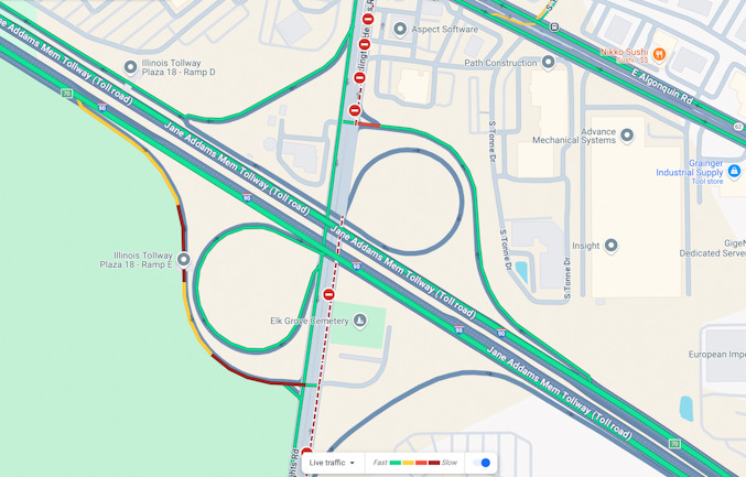 Traffic map at Arlington Heights Road and I-90 on Friday morning September 6, 2024 (©2024 Google map)