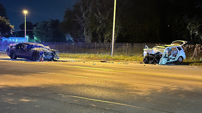 Resting location of the two crash vehicles on Rand Road (US-12) after a fatal crash with fire on Monday, September 2, 2024 (CARDINAL NEWS)