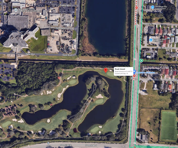 Trump International Golf Club 5th Hole and road closure on FL0807 S between Summit Boulevard and Gun Club Road (Imagery ©2024 Google, Imagery ©2024 Airbus, Maxar Technologies, Map data ©2024)