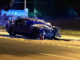 A wrecked purple Dodge Challenger sits at the crash scene after its driver was killed while driving the wrong way on US-12 (Rand Road) in Arlington Heights near the border with Mount Prospect and Prospect Heights (CARDINAL NEWS)