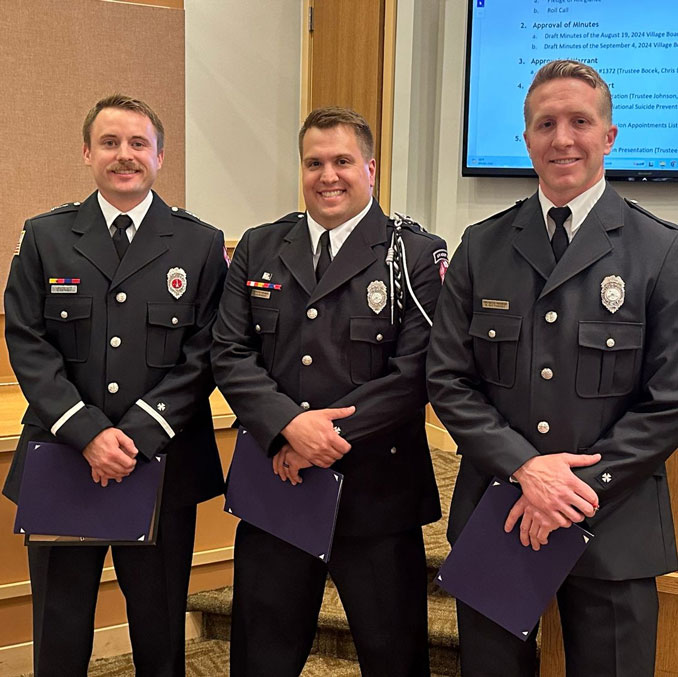 Buffalo Grove Fire Department Tower Ladder 25 crew (from L to R): Lieutenant Daniel Downey, Firefighter Phillip Schroeder and Firefighter Kyle Ditthardt (SOURCE: Village of Buffalo Grove).