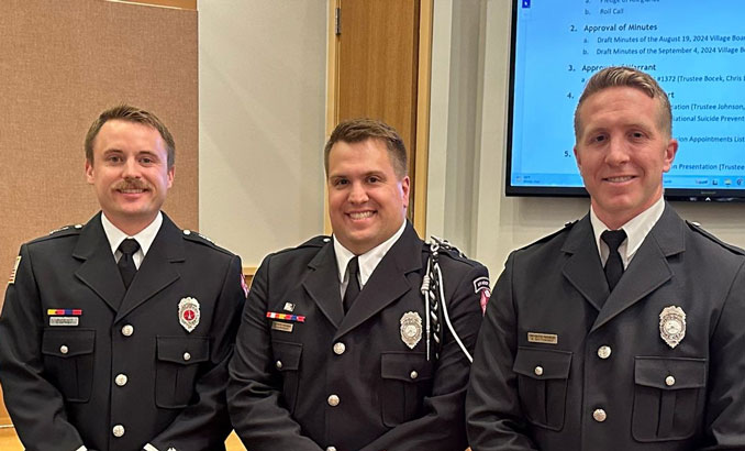 Buffalo Grove Fire Department Tower Ladder 25 crew (from L to R): Lieutenant Daniel Downey, Firefighter Phillip Schroeder and Firefighter Kyle Ditthardt (SOURCE: Village of Buffalo Grove). 