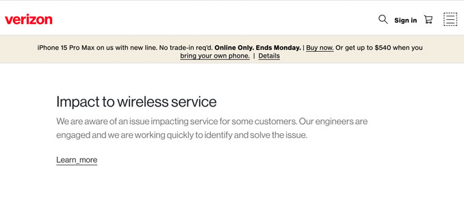 Verizon message indicating they are aware of an issue impacting service for some customers on Monday morning, September 30, 2024 (CARDINAL NEWS)