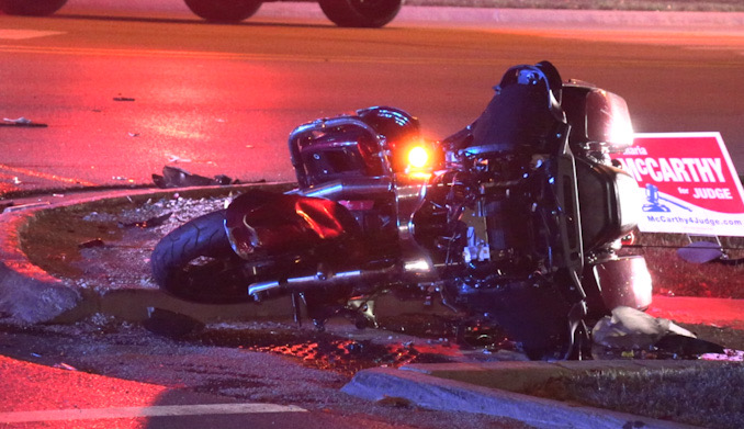 Motorcycle down at the northwest corner of Northwest Highway and Waterman Avenue Tuesday night, October 29, 2024 (CARDINAL NEWS)