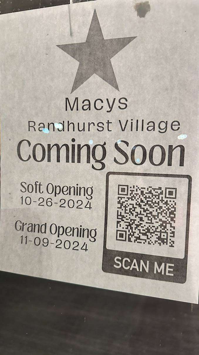 Macy's storefront at Randhurst Village just before a soft opening scheduled for Saturday, October 26, 2024 at Randhurst Village (CARDINAL NEWS)