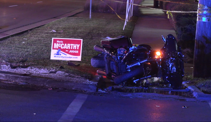 Motorcycle down at the northwest corner of Northwest Highway and Waterman Avenue Tuesday night, October 29, 2024 (CARDINAL NEWS)