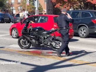 Damaged motorcycle at Northwest Highway (US-14) and Arlington Heights Road Saturday, October 19, 2024 (CARDINAL NEWS)