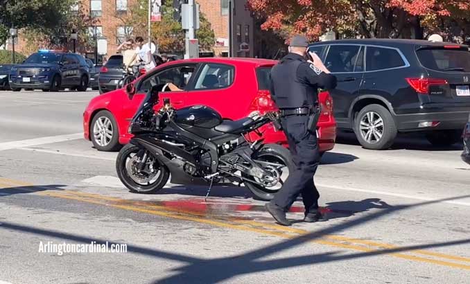 Damaged motorcycle at Northwest Highway (US-14) and Arlington Heights Road Saturday, October 19, 2024 (CARDINAL NEWS)