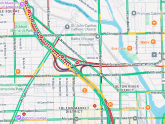 I-90 and Ohio Street and Ontario Street area in Chicago on Monday, Oct 7, 2024 at about 8:08 AM (Google Maps LIVE Traffic Layer/Map data ©2024 Google)