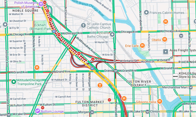 I-90 and Ohio Street and Ontario Street area in Chicago on Monday, Oct 7, 2024 at about 8:08 AM (Google Maps LIVE Traffic Layer/Map data ©2024 Google)