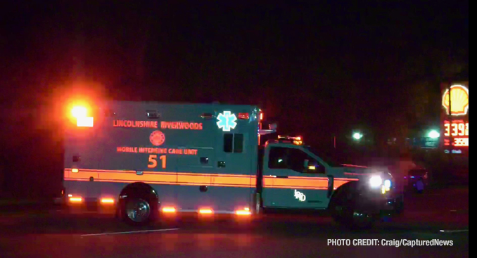 Lincolnshire-Riverwoods ambulance at the scene after a fatal vehicle vs pedestrian crash on Friday night, October 18, 2024 (PHOTO CREDIT: Craig/CapturedNews)