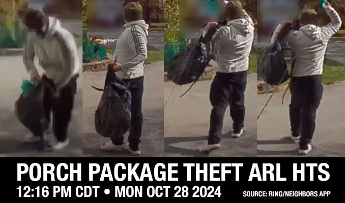 Porch package theft in residential neighborhood northeast of the intersection of Arlington Heights Road and Lynnwood Avenue in Arlington Heights on Monday, October 28, 2024 (Ring/Neighbors App)