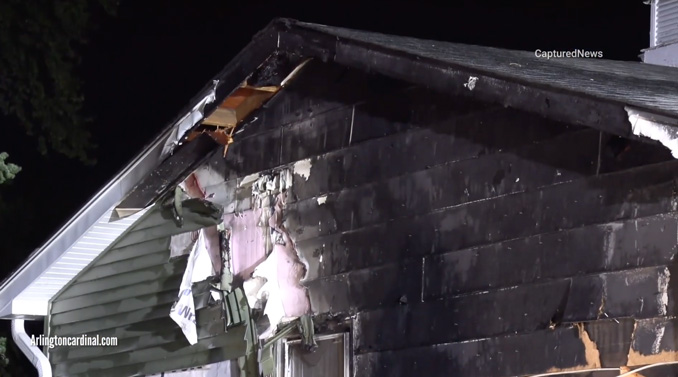 Fire damage reached all the way to the roof gable from ground level, but did not extend inside the attached garage and house on Tuesday night, October 22, 2024 (CARDINAL NEWS)