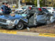 Destroyed Lexus sedan on the median of Palatine Road just east of Rand Road (US-12) in Arlington Heights, Tuesday morning, November 12, 2024 (CARDINAL NEWS)