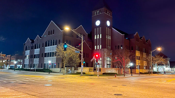 Arlington Heights Village Hall at night (file photo/CARDINAL NEWS)