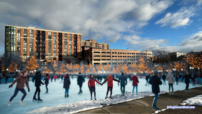 Arlington Heights Downtown Ice Rink: Downtown Arlington Heights needs an attraction, such as a combined great lawn and ice rink venue, instead of another crammed-in multi-family residential building (CARDINAL NEWS Concept)