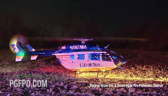 LifeNet medical helicopter at a crash scene on Plank Raod south of Pingree Grove on Sunday night, March 9, 2025